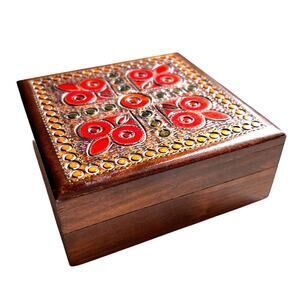 Vintage wood hinged lid trinket keepsake box carved design red gold black stain